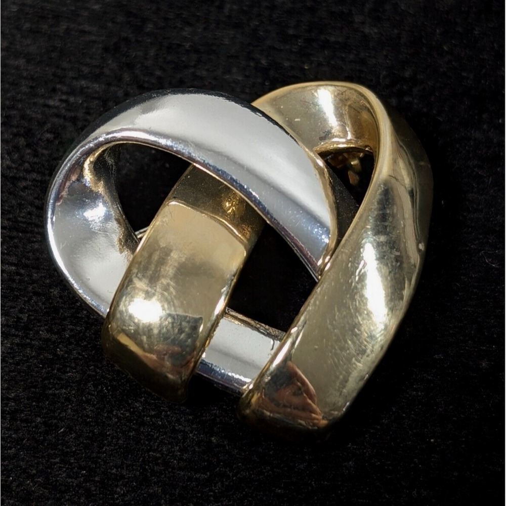 Vintage Two Tone Ribbon Heart Intertwined Brooch Pin Gold Tone Silver Tone Retro